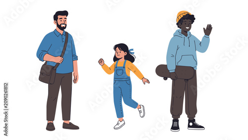 Diverse group of three people, a man, a girl, and a young man with a skateboard, standing and smiling against a white background.