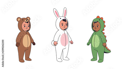 Three children dressed in cute animal costumes: a bear, a bunny, and a dinosaur, standing side by side.