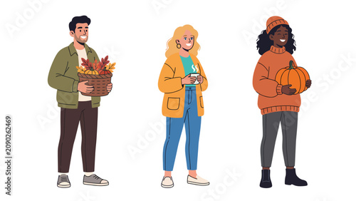Three diverse people dressed in autumn clothing, holding seasonal items like a basket of leaves, a coffee cup, and a pumpkin.