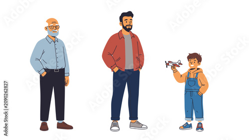 Three generations of men, including a grandfather, father, and son, standing together with the boy holding a toy drone.