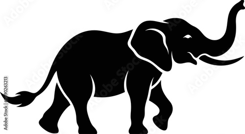 Fotografie Silhouette of an elephant walking with trunk raised, isolated on white background