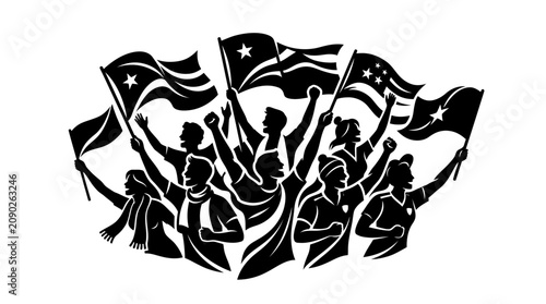Schilderij op canvas Crowd of people with flags, protest, revolution, celebration, unity, patriotism,
