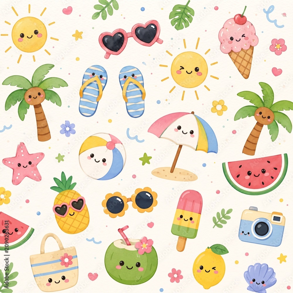 Fototapeta premium Cute Summer Beach Seamless Pattern with Sun, Ice Cream, and Sunglasses