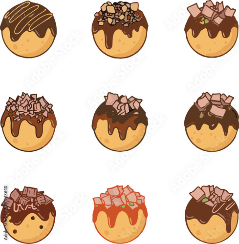 Set of cartoon sweet chocolate dessert balls with various toppings