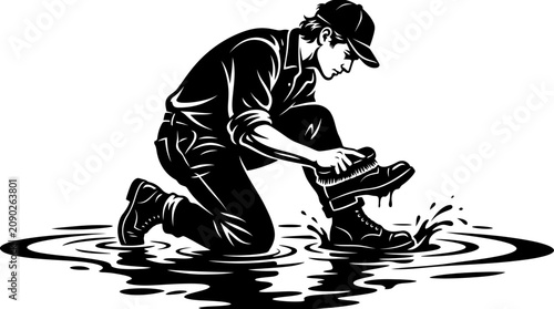 Konstfotografi Worker Kneeling Tying Boots in Water Splash, Manual Labor, Outdoor Work