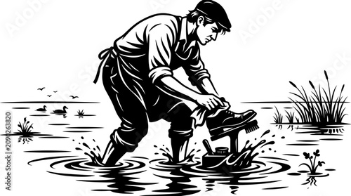 Canvastavla Man cleaning boots in muddy water, reeds and ducks in background, vintage illust