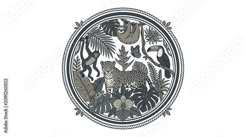 Canvas Print Sleek Monochrome Jungle Wildlife Featuring Sloth Monkey Jaguar Toucan Butterfly
