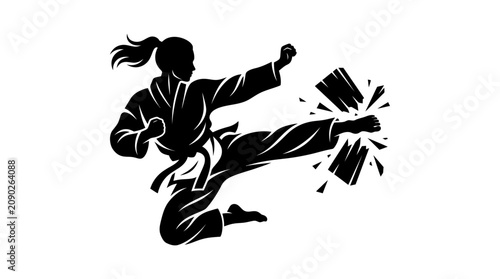 Silhouette of a woman performing a flying side kick, breaking a board