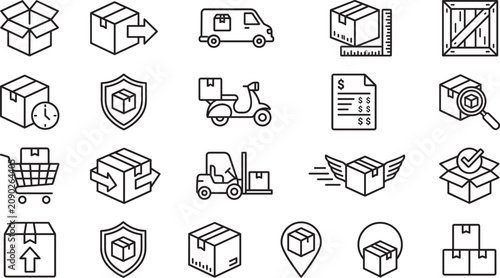 Shipping and Packaging Line Icons Set with Delivery Tracking Warehouse and Logistics Symbols