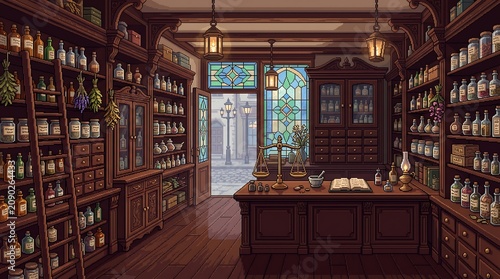 Detailed pixel art apothecary interior featuring wooden shelves filled with many small glass potion bottles