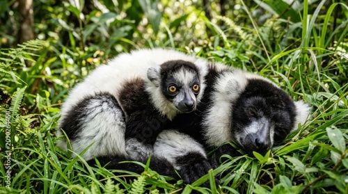 Black and White Ruffed Lemur Mother and Baby in Madagascar Rainforest, Wildlife Conservation and Biodiversity Concept, Website Banner and Hero Header