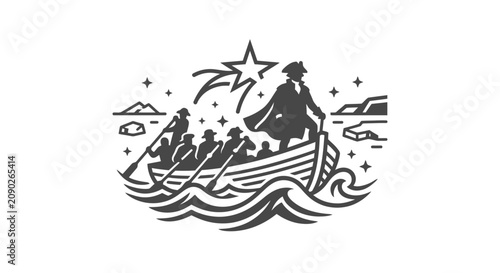 Tableau sur toile Stylized illustration of George Washington crossing the Delaware River in a boat at night