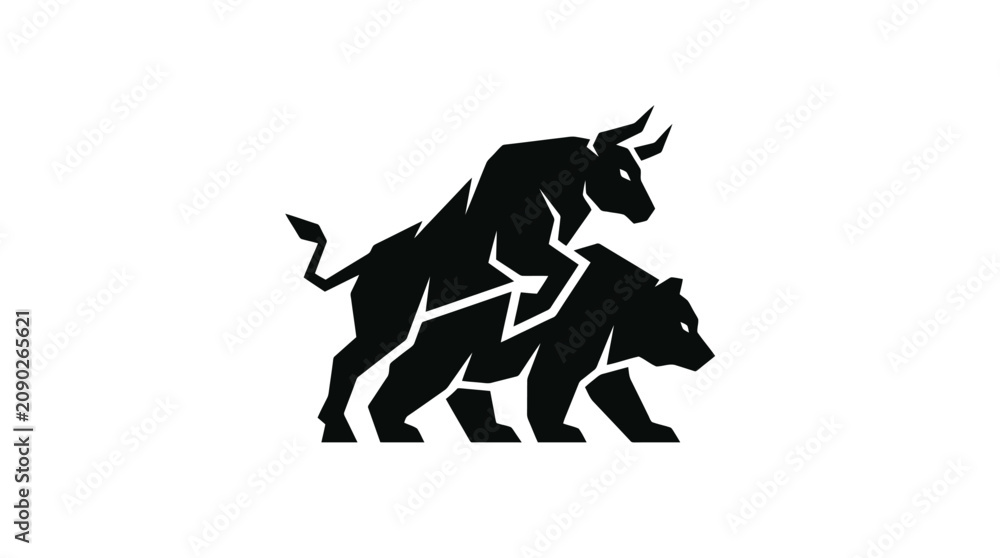 Fototapeta premium Black silhouette of bull and bear.