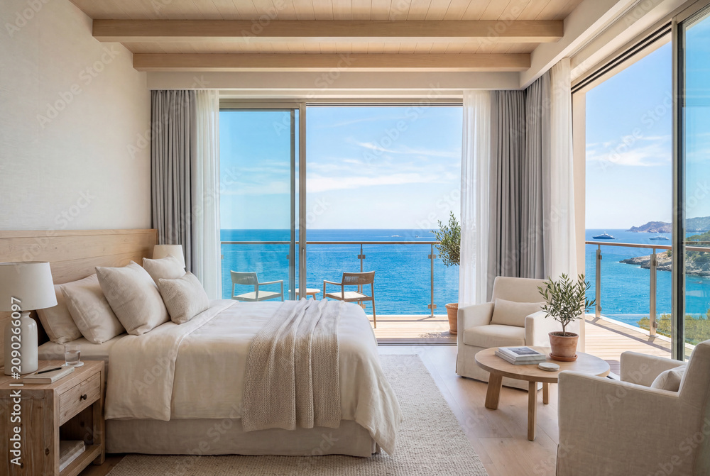 Fototapeta premium Luxury hotel bedroom interior with large sliding doors and ocean view