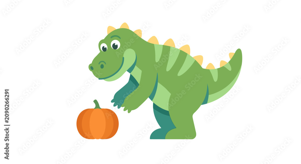 Naklejka premium Cute green dinosaur character reaching for an orange pumpkin for Halloween celebration flat vector illustration.