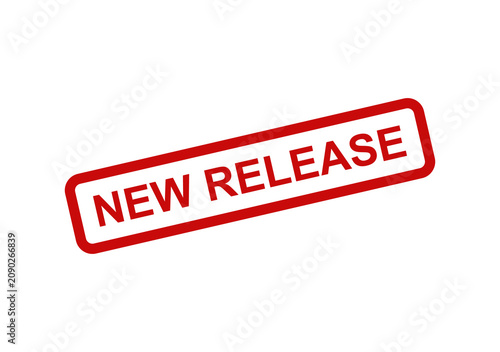 Red stamp design with new release text in a simple rectangular frame for marketing announcements and product labels isolated on transparent background