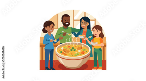 Diverse Family Enjoying Large Bowl of Soup Together at Home