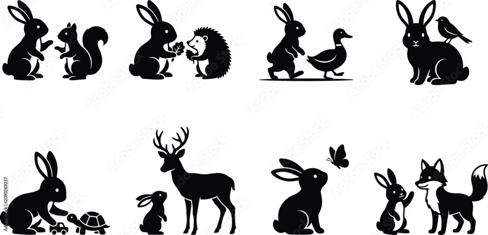 Obraz premium Cute Bunny and Woodland Animal Friendship Silhouette Collection Featuring Forest Wildlife Companion Scenes