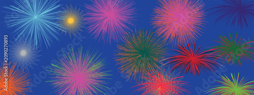 Festive vector illustration featuring colorful fireworks exploding across a dark blue night sky in celebration of the Fourth of July, American Independence Day. This vibrant patriotic background is id