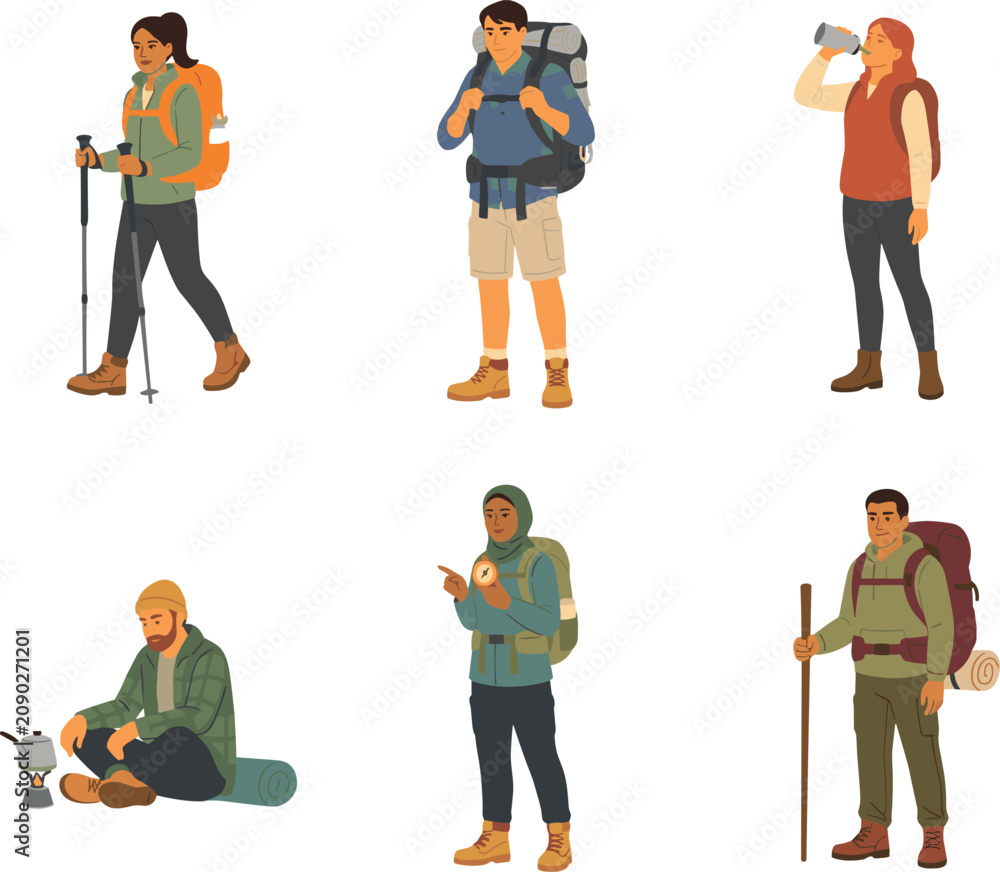 Obraz premium Flat Vector Set of Diverse Hikers and Backpackers Trekking Drinking Water Cooking and Navigating with Compass for Camping Tourism and Outdoor Adventure Graphic Designs