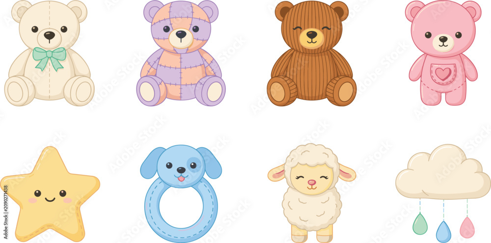 Fototapeta premium Cute Baby Nursery Toy Vector Set with Kawaii Teddy Bears Patchwork Plushies Dog Rattle Lamb Plush Star and Cloud Mobile Design Elements