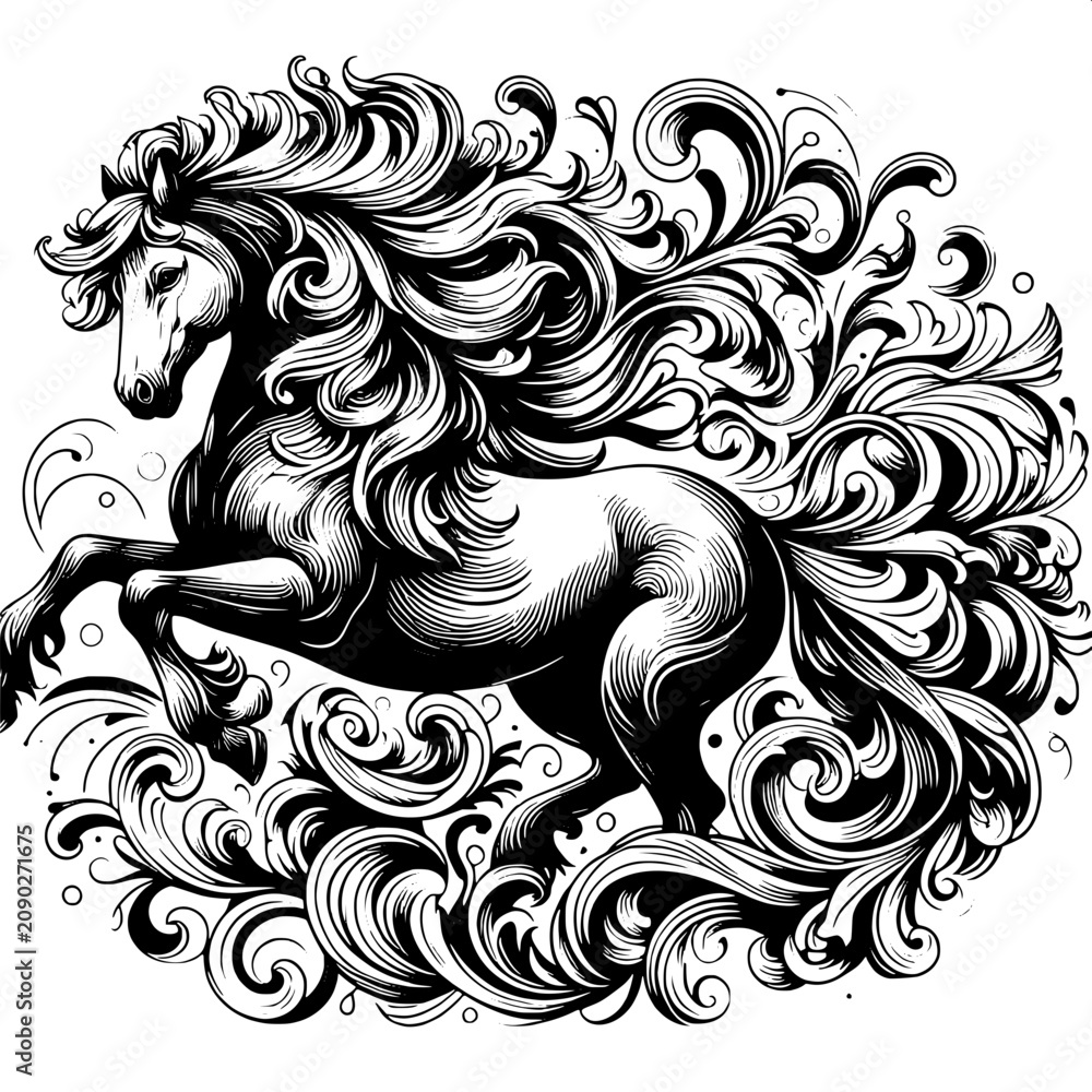 Fototapeta premium Galloping Horse with Flowing Mane and Decorative Swirls Black and White Vector Illustration