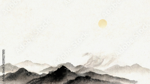 Minimal Sumi Ink Mountain Landscape with Rising Sun Background