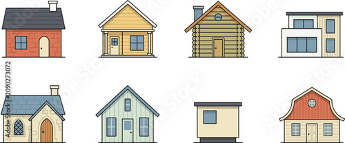 Quadro su tela Flat Line Art House Icon Set Featuring Brick Cottage Wooden Cabin Log Home Moder