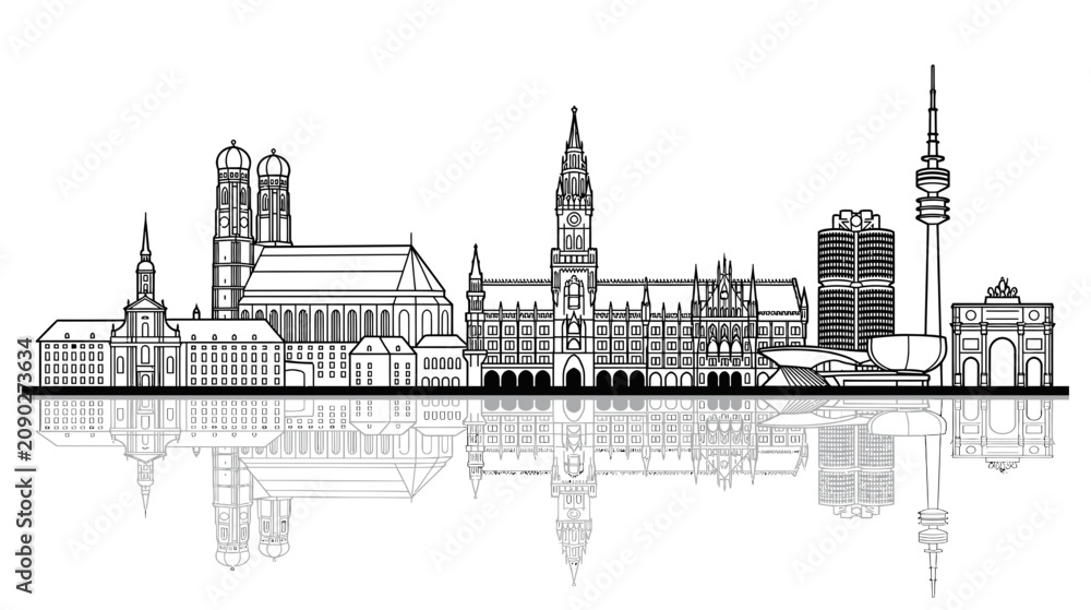 Fototapeta premium Munich Skyline Silhouette, Famous Landmarks, Architectural Outline, Cityscape