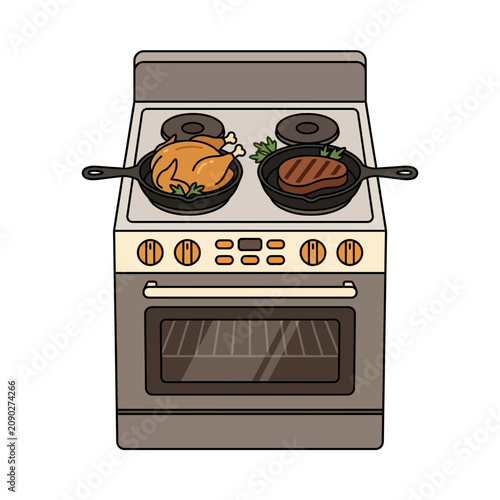 Kitchen stove vector illustration with chicken and steak skillets. Commercial meal prep graphic for Social Media Ad. Copy Space. Design Space.