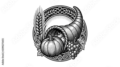 Cuadro en lienzo Traditional cornucopia with pumpkin and grapes harvest illustration
