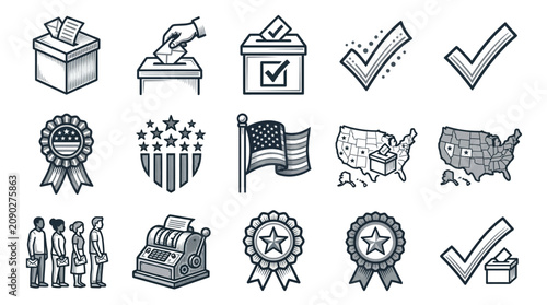 Set of flat line icons representing US election and voting process symbols.