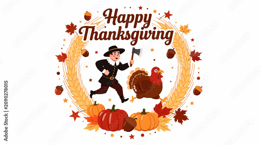 Fototapeta premium Happy Thanksgiving Pilgrim Turkey Pumpkins Wheat Garland Vector Illustration
