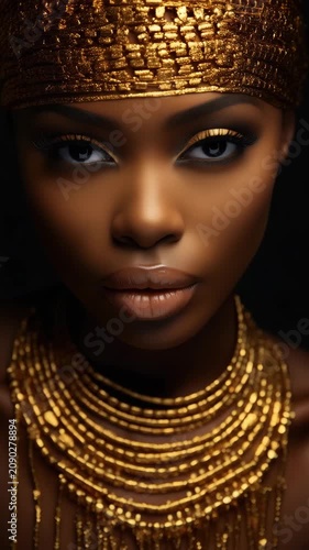Fashion studio video portrait of young lady with earring on black background. Elegant african woman in luxury creative golden diamant jewels. Beautiful woman with evening make-up and perfect skin.