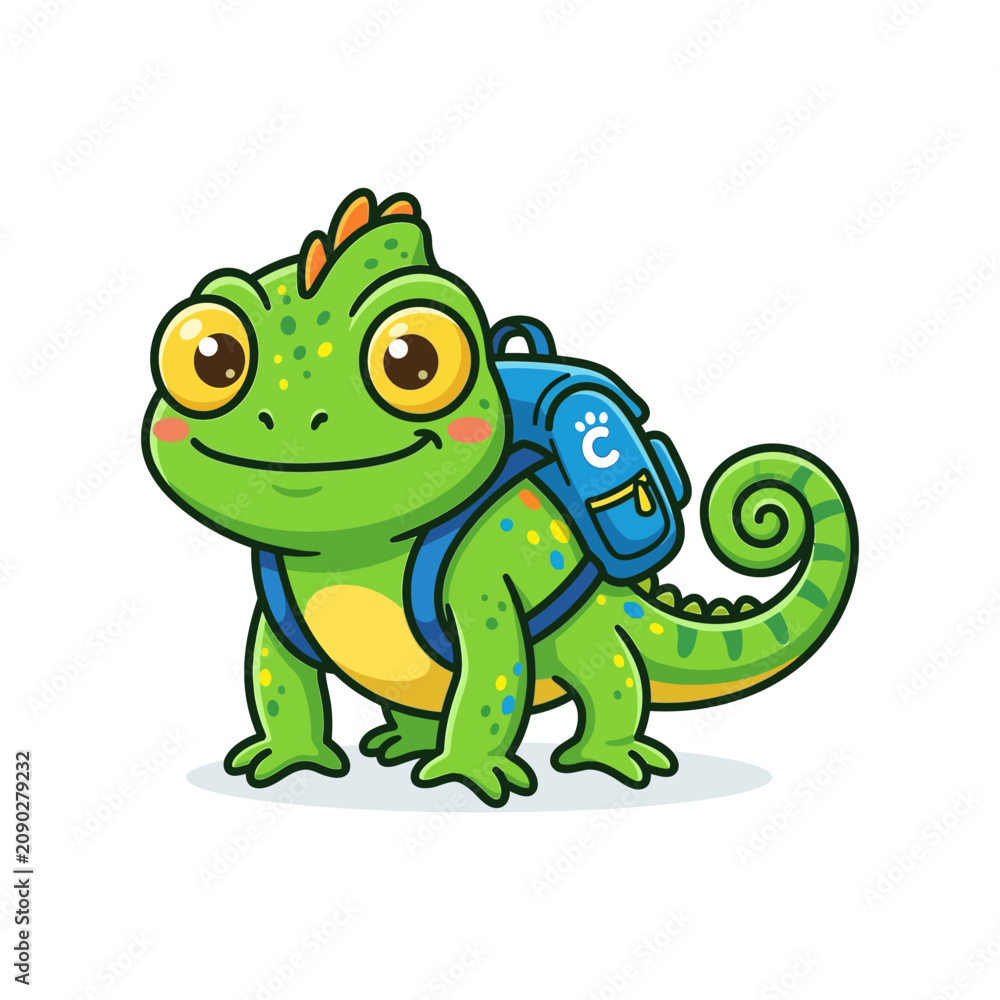 Fototapeta premium A cute cartoon green chameleon with big eyes and a blue backpack, smiling cheerfully.