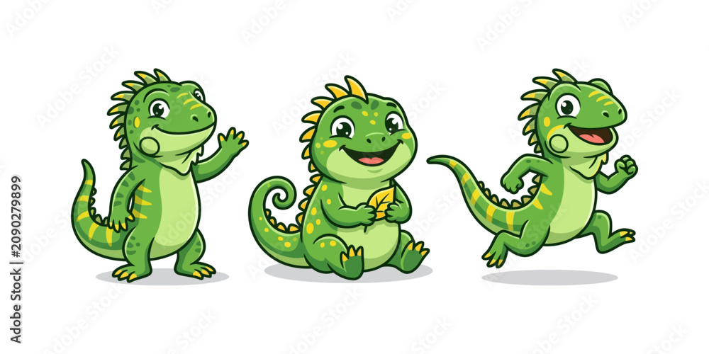 Naklejka premium Three cute cartoon green lizards in various poses, including waving, sitting, and running, on a white background.