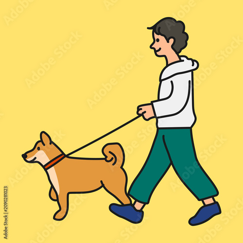 Tablou pe pânză Man walking dog cartoon clipart, part-time job creative, colorful illustration