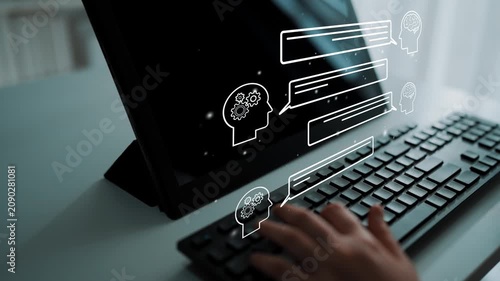 Hands Typing on Keyboard with Overlay of Communication Icons Signifying Digital Conversations and Idea Exchange through Technology. Entropy.