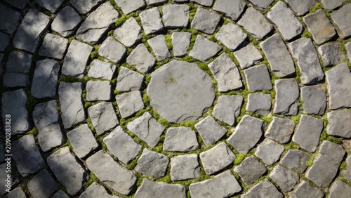 Top View of Circular Natural Stone Pavement Pattern with Moss Filled Joints Creating Elegant Outdoor Walkway Background Texture