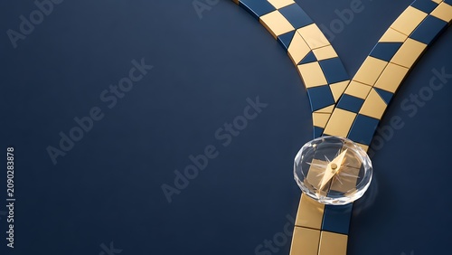 Strategic business decision concept showing gold and blue tiled forked path with compass pointing towards future corporate direction