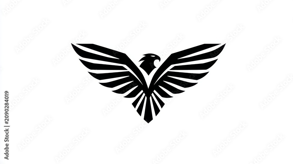 Fototapeta premium 33.Stylized eagle emblem with spread wings forming shield shape, streamlined curves and pointed feather tips, vector icon with thick outline and subtle inner line details, dynamic forward motion