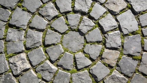 Top View of Circular Natural Stone Pavement Pattern with Moss Filled Joints Creating Elegant Outdoor Walkway Background Texture
