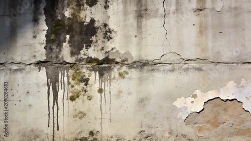 Close Up of Dirty Stained Concrete Wall with Water Marks, Mold, Mildew and Weathered Surface Texture Background