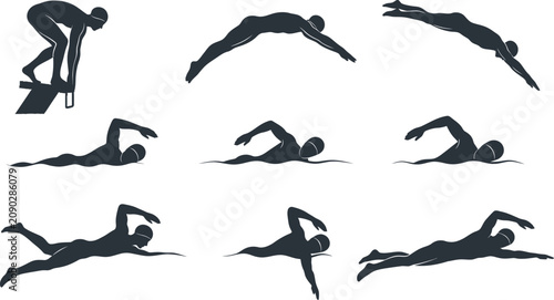 Swimmer silhouettes depict a variety of athletic movements and diving positions to showcase professional techniques in competitive pool.