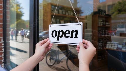 Open Sign Being Hung on Store Window with Bicycle Outside