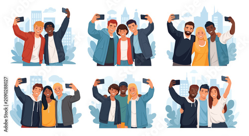 Collection of six illustrations showing groups of diverse friends happily taking selfies with their smartphones against a city background.