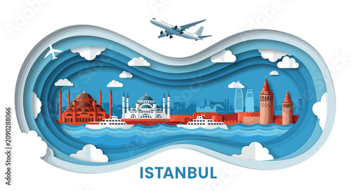 Paper cut art style travel poster for Istanbul showing the Hagia Sophia, Galata Tower, and ferry boats on the Bosphorus.