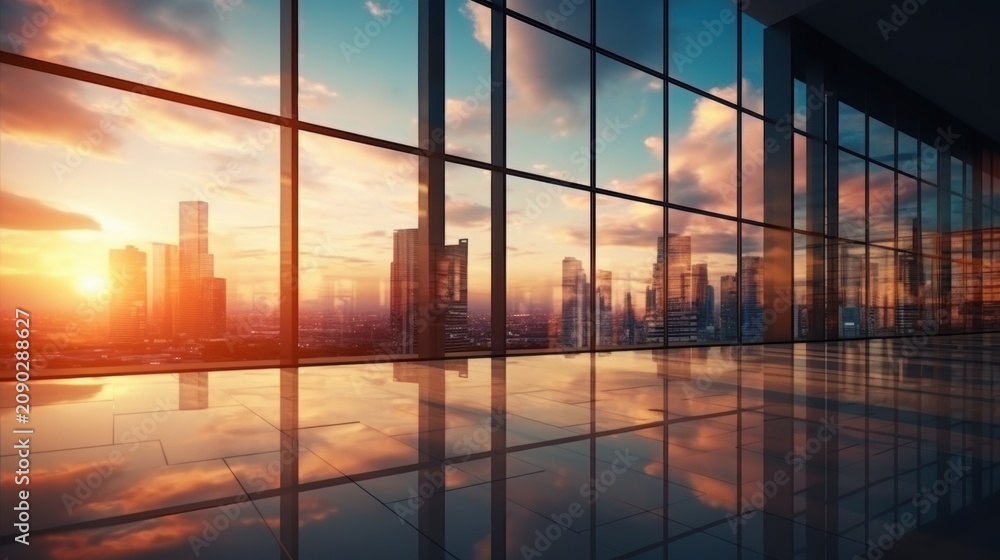 Fototapeta premium Modern office building or business center. High-rise window buildings made of glass reflect the clouds and the sunlight. empty street outside wall modernity civilization. growing up business