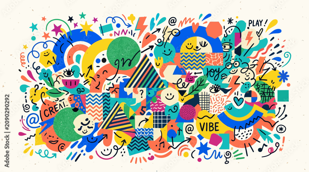 Obraz premium Playful vibrant abstract doodle illustration with characters.