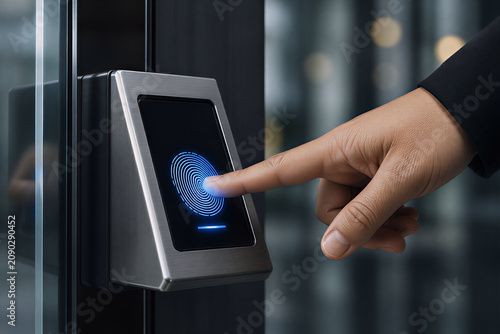 Fingerprint scanner on door with hand for biometric security and access control